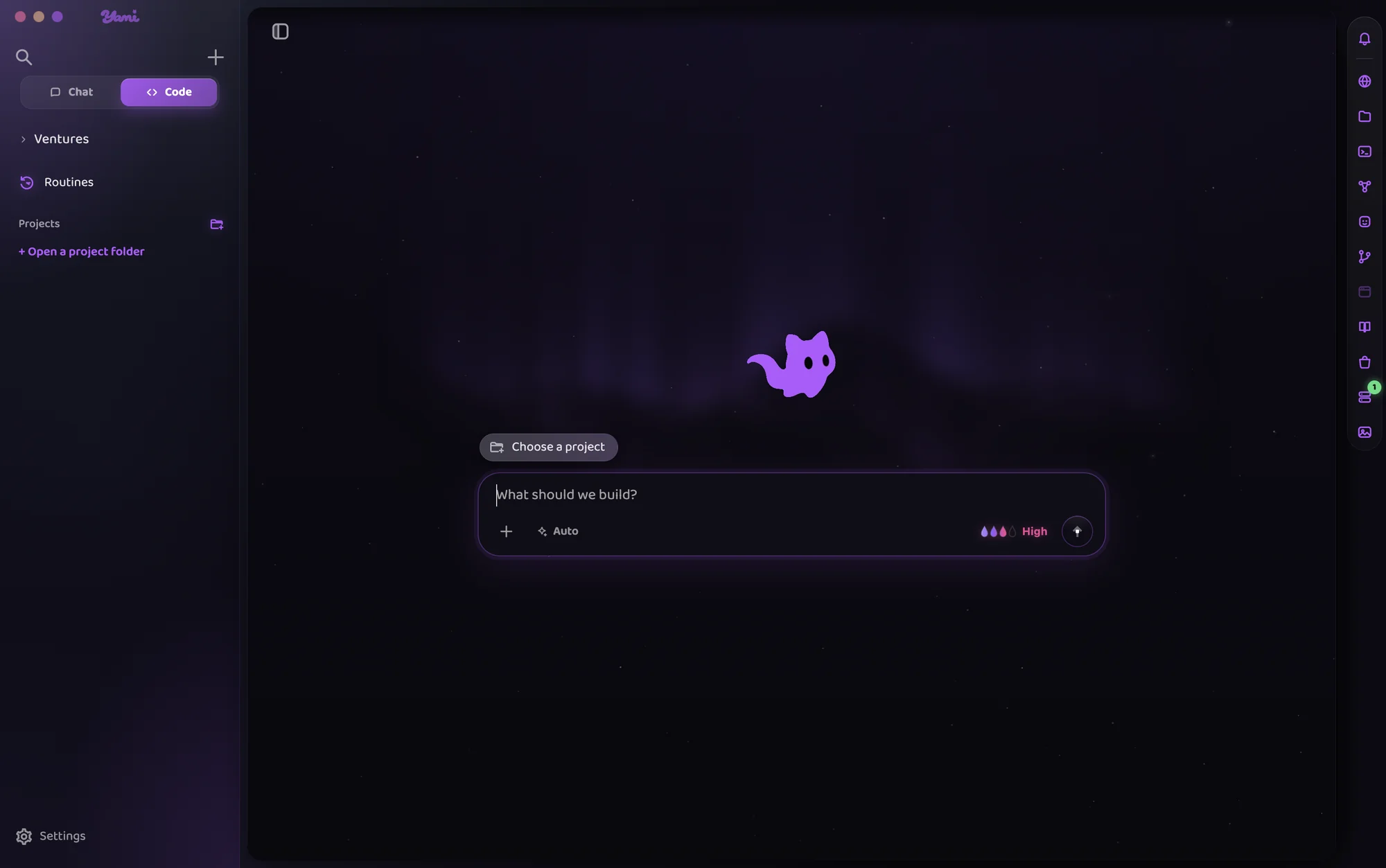 Yami's start screen in the Yami look: the violet cat on a night sky, the message field under it.